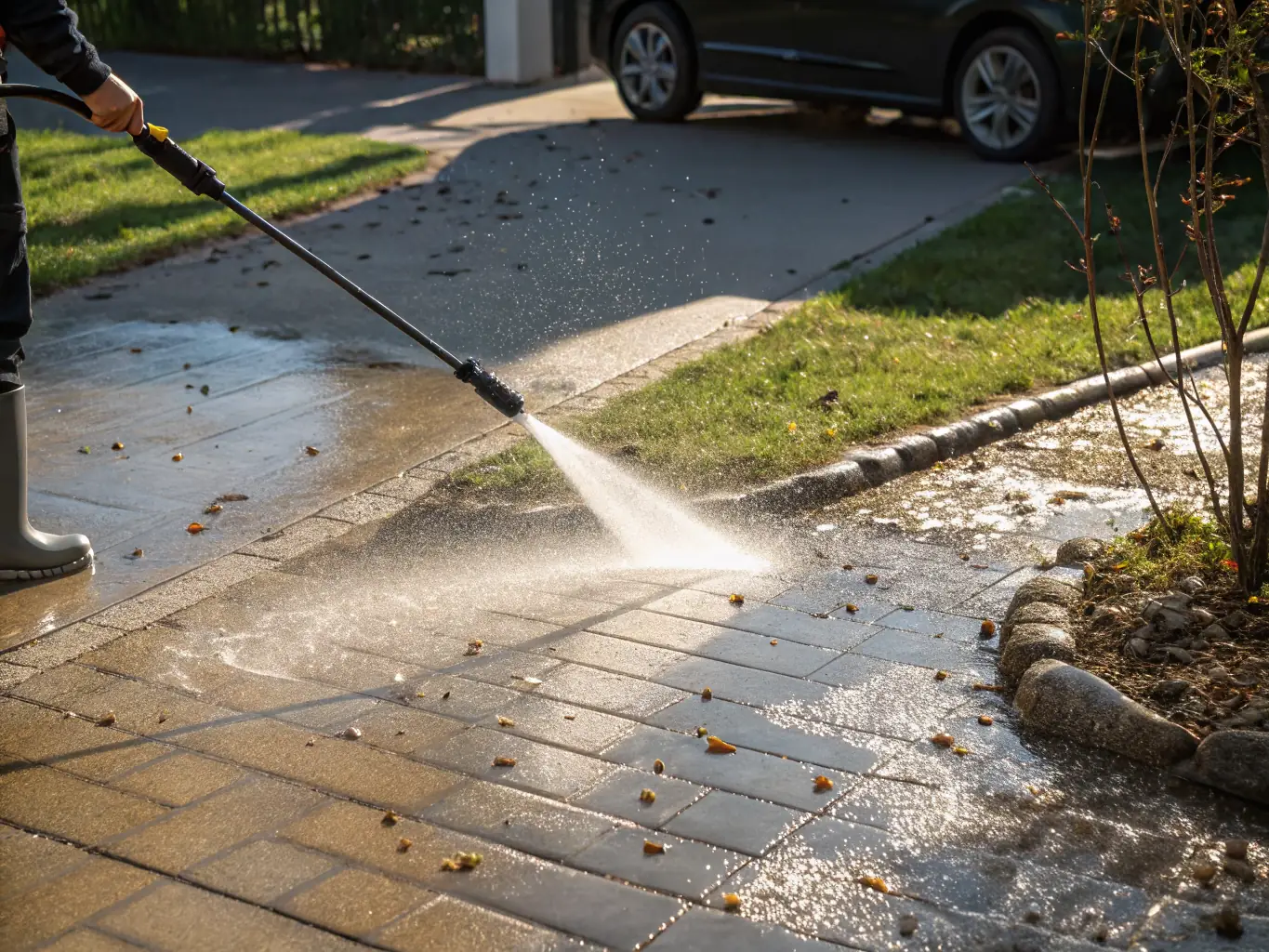 A close-up shot of a breezeway being pressure washed, with a clear contrast between the clean and dirty sections. The image should emphasize the removal of dirt, mold, and stains from the breezeway surfaces.