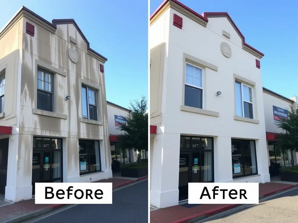 A before-and-after shot of a building exterior, showcasing the dramatic difference after a pressure washing service. The image should highlight the removal of dirt, grime, and mold, resulting in a clean and revitalized appearance.