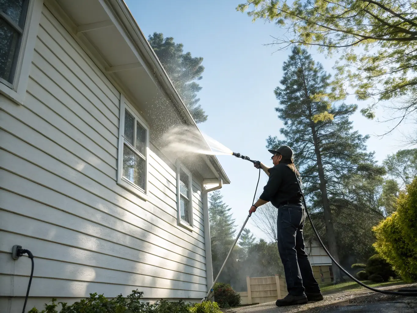 A wide shot of an apartment complex exterior being pressure washed, showcasing the clean and revitalized surface compared to the untreated areas. The image should highlight the effectiveness of apartment community pressure washing.
